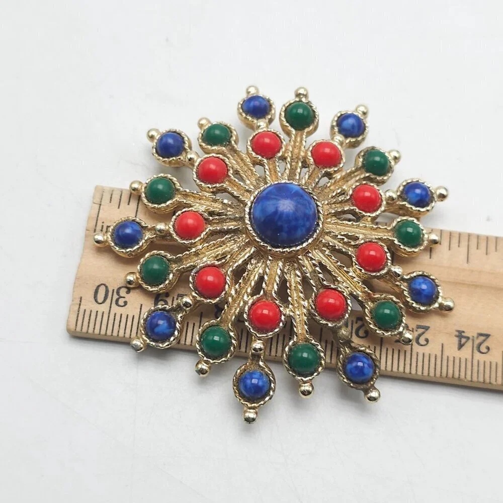 Vintage Sarah Coventry Carnival Brooch Starburst Red Blue Green Cabochons 2.5”